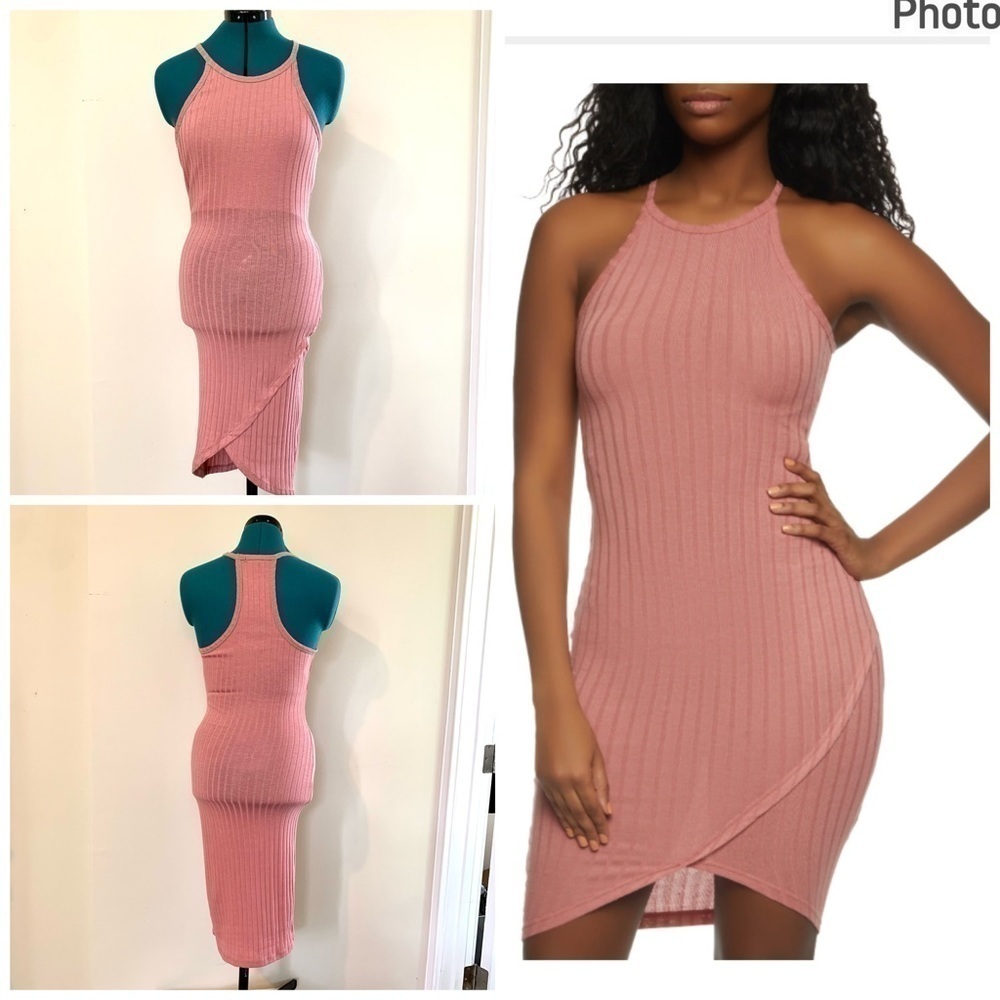 Ribbed knit tank dress sleeveless bodycon form fitted racerback tulip hem small